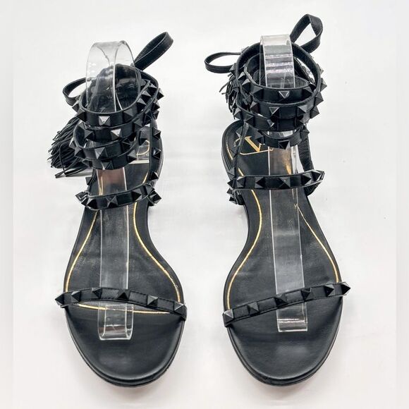 Valentino Garavani Rockstud Gladiatore Sandals Black Leather Ankle Tie EU 37 US7 - Picture 2 of 13